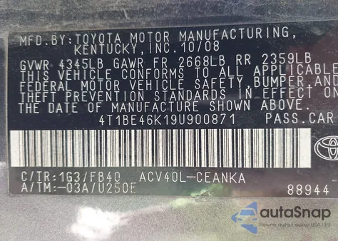 2009 Toyota Camry Le z USA, uszkodzony, nr VIN 4T1BE46K19U900871